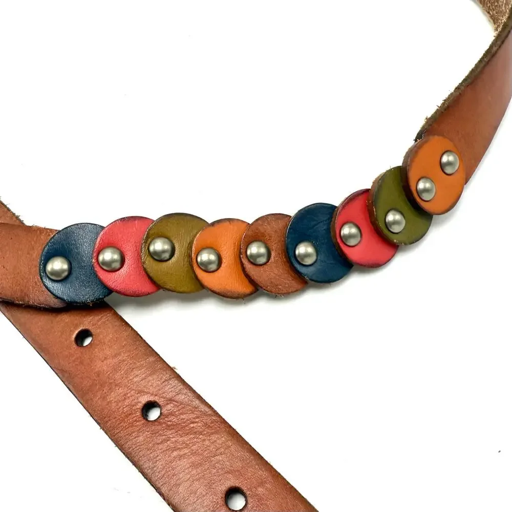 Fossil Boho Hippie Skinny Belt S 30-34 Leather Circle Dots Tan Brown Colorful